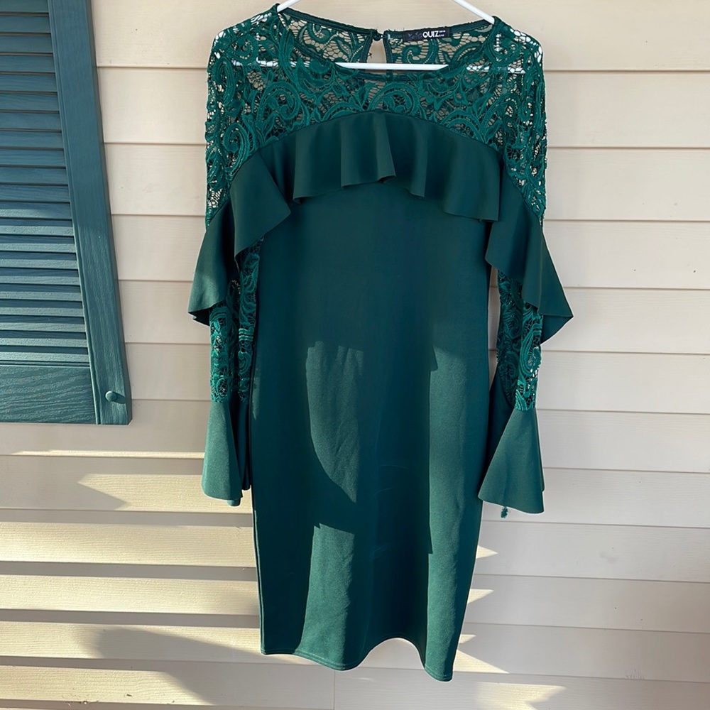 Quiz Green Long Sleeve Lace Detail MIDI Dress